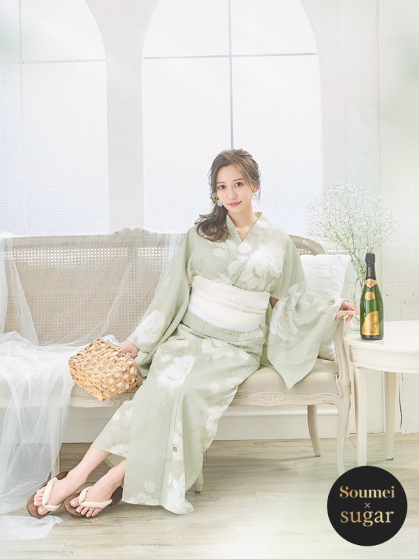 画像4: 【即日発送】くすみグリーン×ホワイトフラワー浴衣 【浴衣３点セット 浴衣/帯/下駄】[YMT] (4)