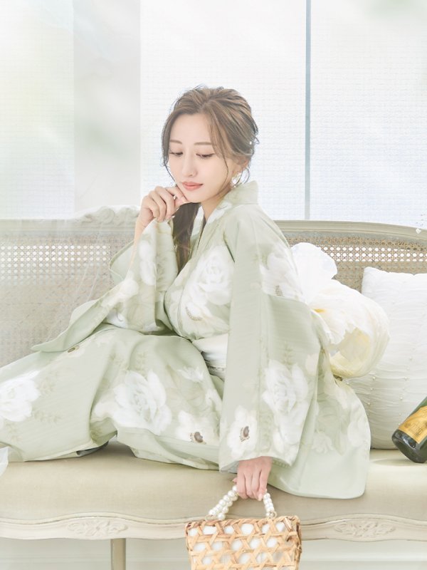 画像12: 【即日発送】くすみグリーン×ホワイトフラワー浴衣 【浴衣３点セット 浴衣/帯/下駄】[YMT] (12)