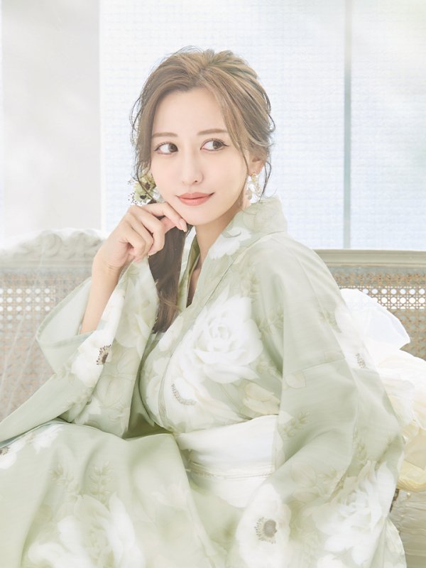 画像14: 【即日発送】くすみグリーン×ホワイトフラワー浴衣 【浴衣３点セット 浴衣/帯/下駄】[YMT] (14)