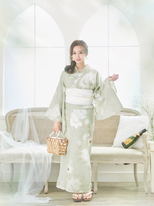 画像16: 【即日発送】くすみグリーン×ホワイトフラワー浴衣 【浴衣３点セット 浴衣/帯/下駄】[YMT] (16)