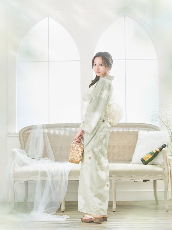 画像18: 【即日発送】くすみグリーン×ホワイトフラワー浴衣 【浴衣３点セット 浴衣/帯/下駄】[YMT] (18)