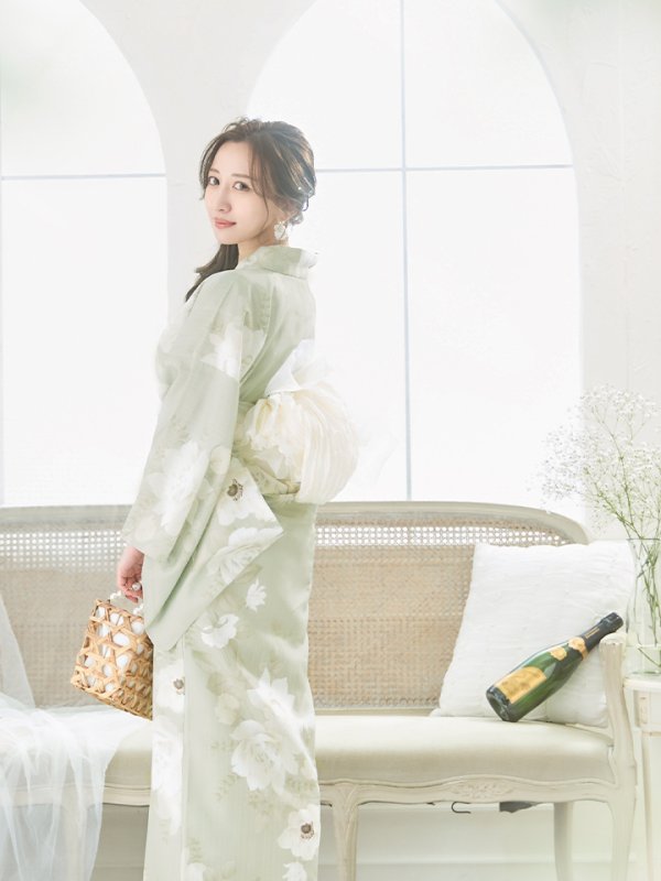 画像20: 【即日発送】くすみグリーン×ホワイトフラワー浴衣 【浴衣３点セット 浴衣/帯/下駄】[YMT] (20)