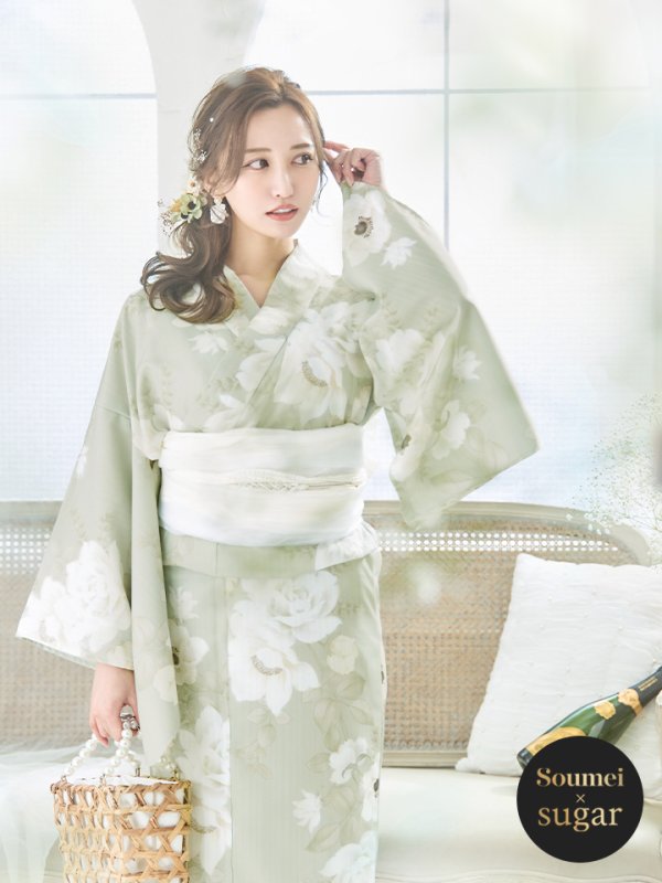 画像2: 【即日発送】くすみグリーン×ホワイトフラワー浴衣 【浴衣３点セット 浴衣/帯/下駄】[YMT] (2)