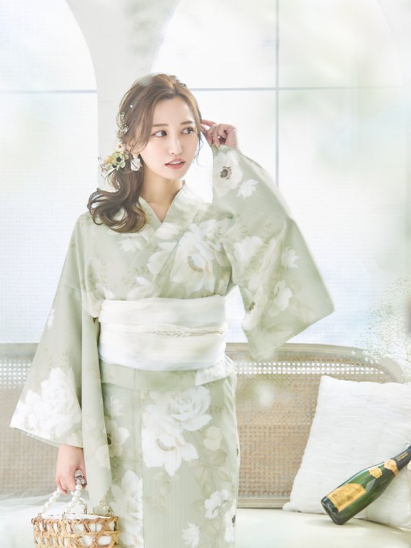 画像21: 【即日発送】くすみグリーン×ホワイトフラワー浴衣 【浴衣３点セット 浴衣/帯/下駄】[YMT] (21)