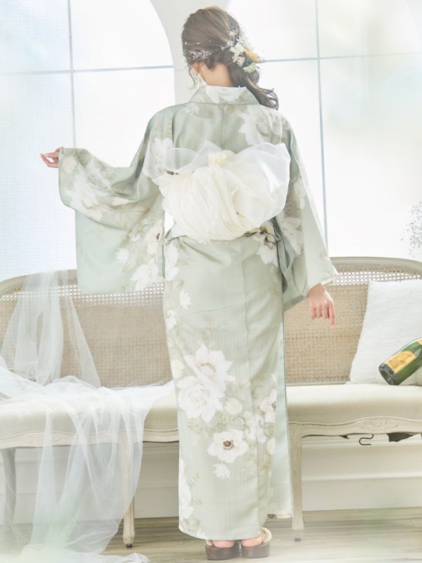 画像24: 【即日発送】くすみグリーン×ホワイトフラワー浴衣 【浴衣３点セット 浴衣/帯/下駄】[YMT] (24)