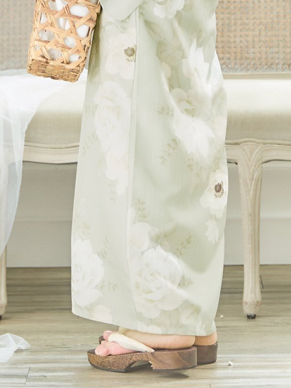 画像26: 【即日発送】くすみグリーン×ホワイトフラワー浴衣 【浴衣３点セット 浴衣/帯/下駄】[YMT] (26)