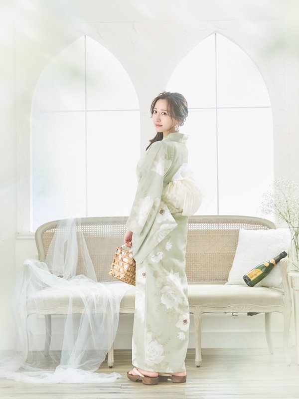 画像9: 【即日発送】くすみグリーン×ホワイトフラワー浴衣 【浴衣３点セット 浴衣/帯/下駄】[YMT] (9)