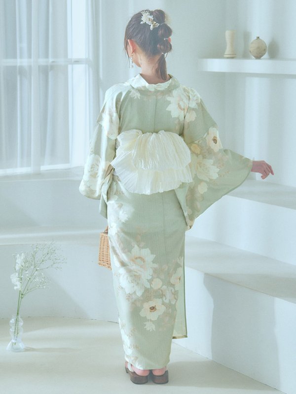 画像18: 【即日発送】くすみグリーン×ホワイトフラワー浴衣【浴衣３点セット 浴衣/帯/下駄】[YMT] (18)
