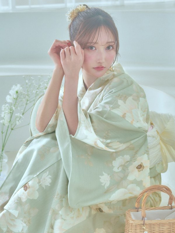 画像2: 【即日発送】くすみグリーン×ホワイトフラワー浴衣【浴衣３点セット 浴衣/帯/下駄】[YMT] (2)