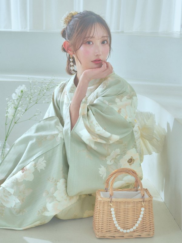 画像5: 【即日発送】くすみグリーン×ホワイトフラワー浴衣【浴衣３点セット 浴衣/帯/下駄】[YMT] (5)