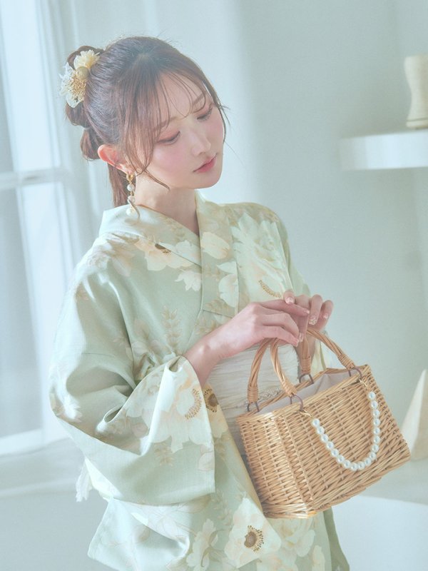 画像9: 【即日発送】くすみグリーン×ホワイトフラワー浴衣【浴衣３点セット 浴衣/帯/下駄】[YMT] (9)