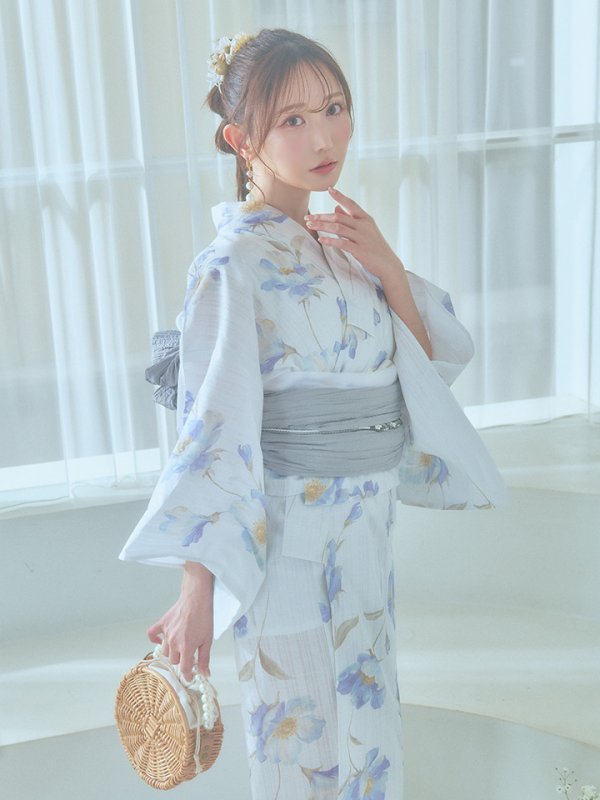 画像11: 【浴衣セール！】【即日発送！】ホワイト×アイシーフラワー浴衣【浴衣３点セット 浴衣/帯/下駄】[YMT] (11)