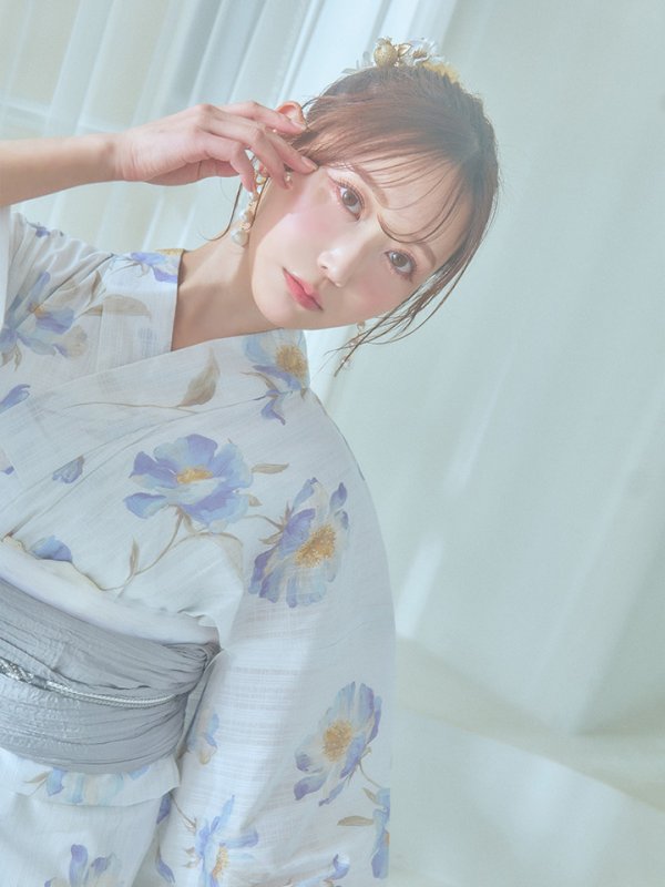 画像12: 【浴衣セール！】【即日発送！】ホワイト×アイシーフラワー浴衣【浴衣３点セット 浴衣/帯/下駄】[YMT] (12)