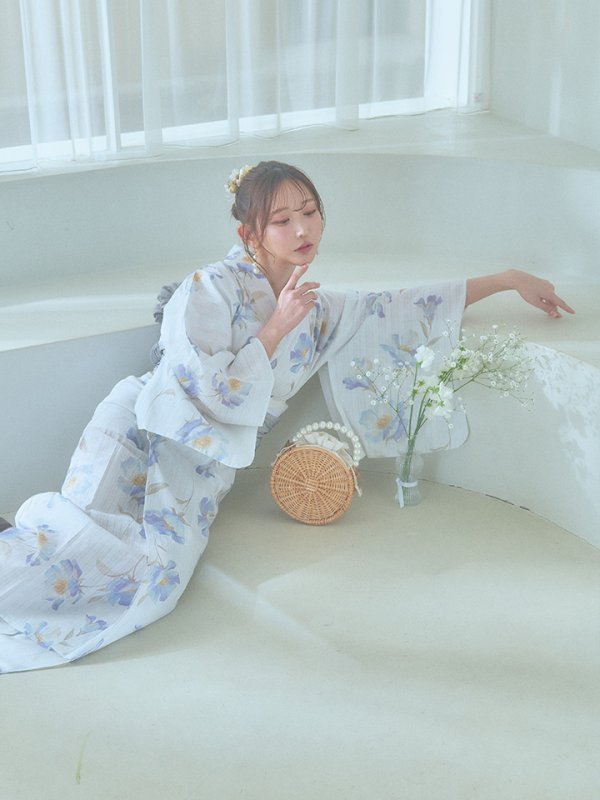画像15: 【浴衣セール！】【即日発送！】ホワイト×アイシーフラワー浴衣【浴衣３点セット 浴衣/帯/下駄】[YMT] (15)