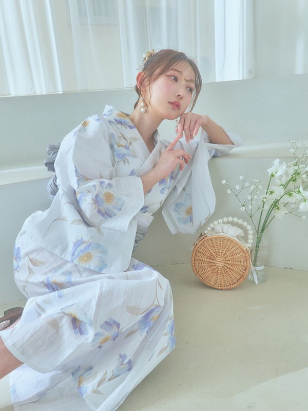 画像16: 【浴衣セール！】【即日発送！】ホワイト×アイシーフラワー浴衣【浴衣３点セット 浴衣/帯/下駄】[YMT] (16)