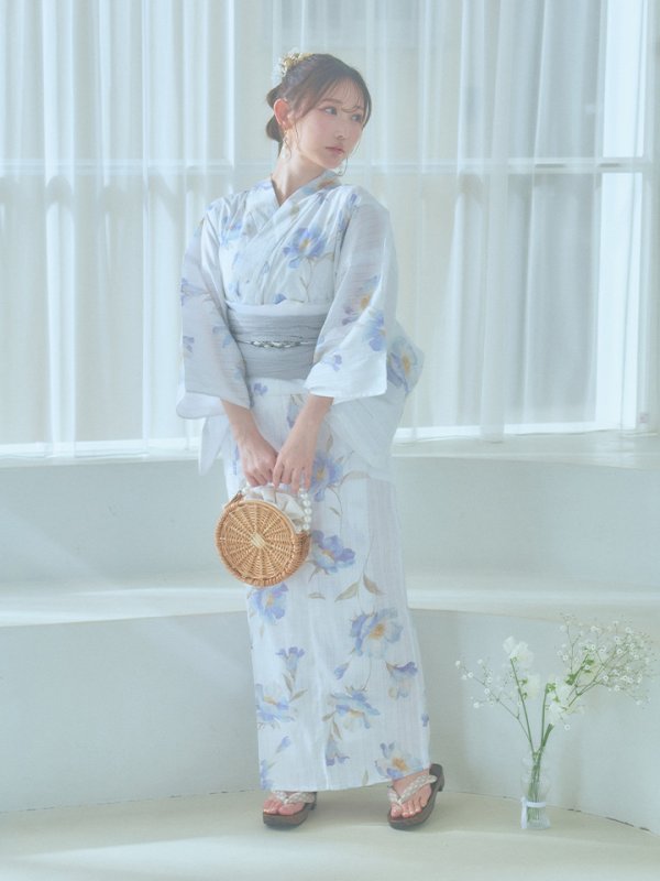 画像4: 【浴衣セール！】【即日発送！】ホワイト×アイシーフラワー浴衣【浴衣３点セット 浴衣/帯/下駄】[YMT] (4)