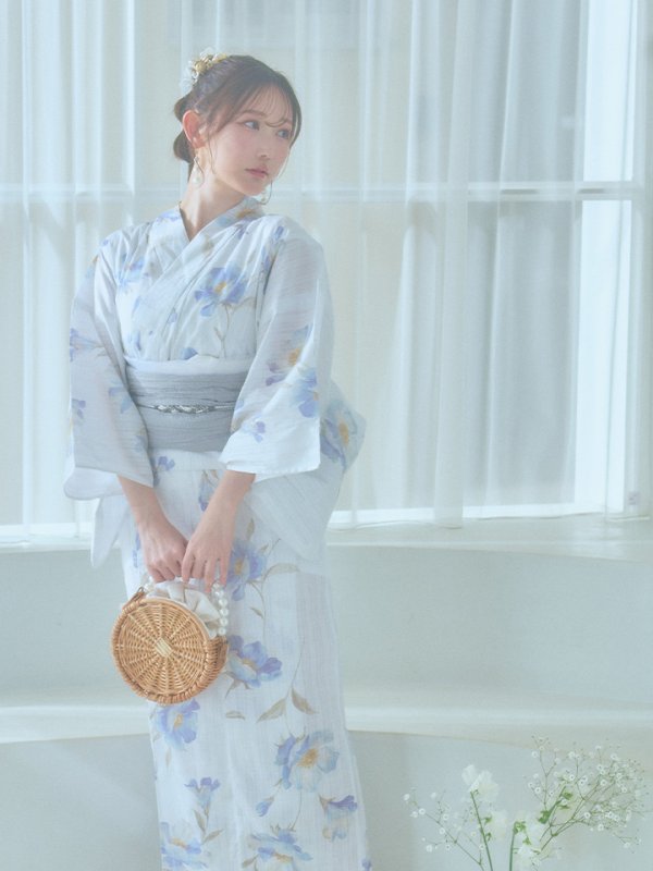 画像6: 【浴衣セール！】【即日発送！】ホワイト×アイシーフラワー浴衣【浴衣３点セット 浴衣/帯/下駄】[YMT] (6)
