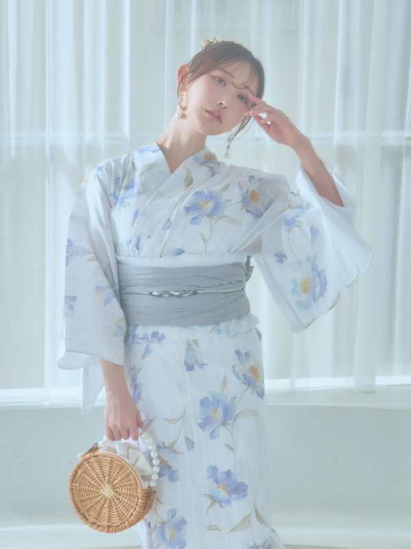 画像7: 【浴衣セール！】【即日発送！】ホワイト×アイシーフラワー浴衣【浴衣３点セット 浴衣/帯/下駄】[YMT] (7)