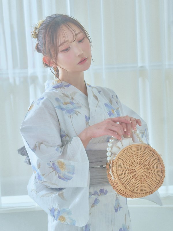 画像9: 【浴衣セール！】【即日発送！】ホワイト×アイシーフラワー浴衣【浴衣３点セット 浴衣/帯/下駄】[YMT] (9)