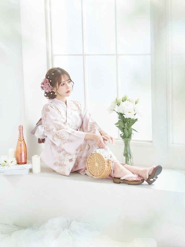 画像12: 【即日発送】ピンクベージュ×ホワイトローズ浴衣 【浴衣３点セット 浴衣/帯/下駄】[YMT] (12)