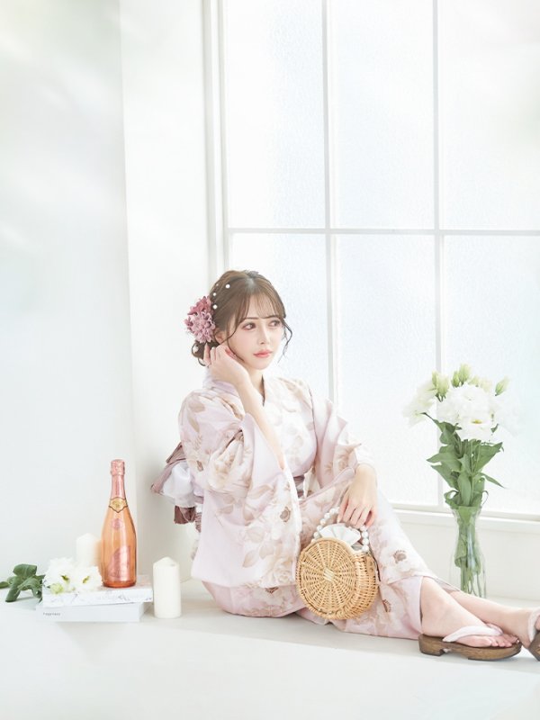 画像13: 【即日発送】ピンクベージュ×ホワイトローズ浴衣 【浴衣３点セット 浴衣/帯/下駄】[YMT] (13)