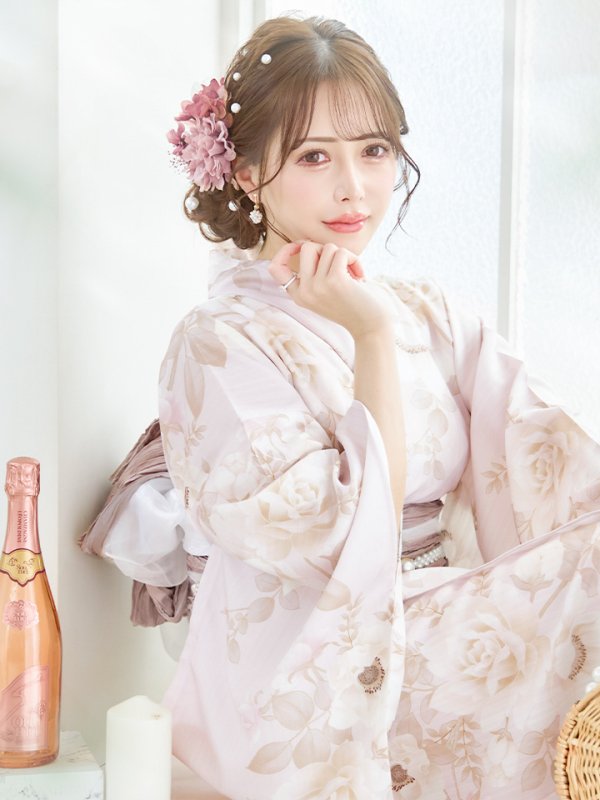 画像14: 【即日発送】ピンクベージュ×ホワイトローズ浴衣 【浴衣３点セット 浴衣/帯/下駄】[YMT] (14)