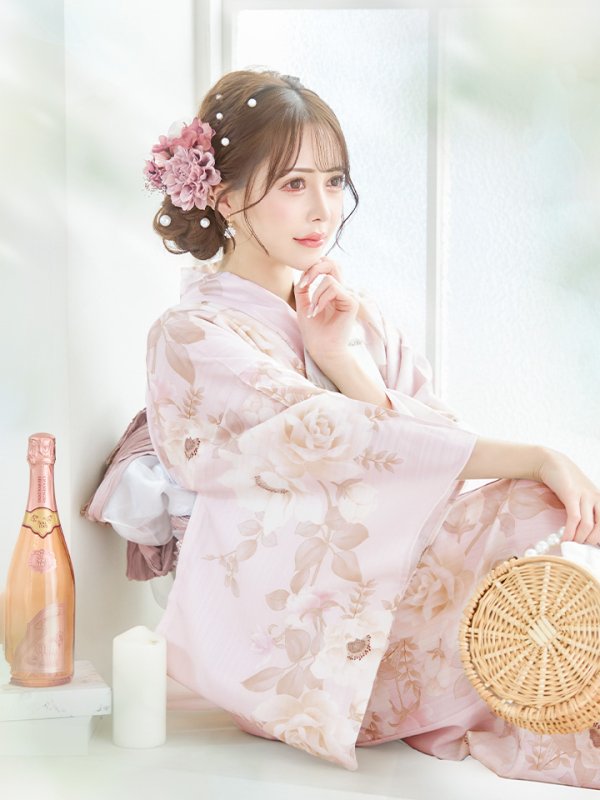 画像16: 【即日発送】ピンクベージュ×ホワイトローズ浴衣 【浴衣３点セット 浴衣/帯/下駄】[YMT] (16)