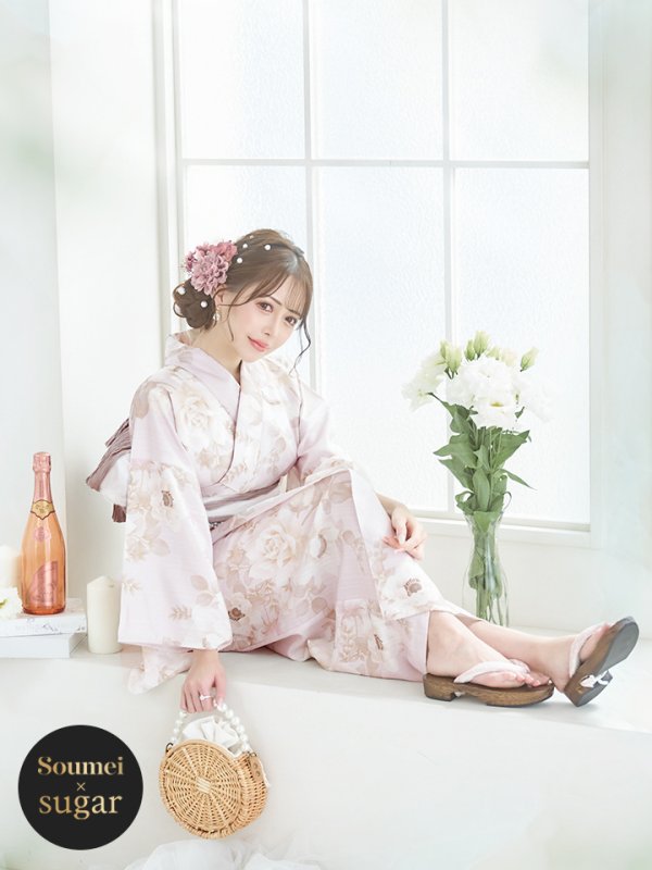 画像2: 【即日発送】ピンクベージュ×ホワイトローズ浴衣 【浴衣３点セット 浴衣/帯/下駄】[YMT] (2)