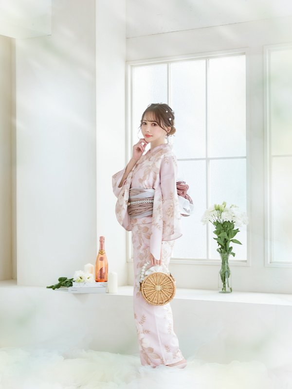 画像5: 【即日発送】ピンクベージュ×ホワイトローズ浴衣 【浴衣３点セット 浴衣/帯/下駄】[YMT] (5)