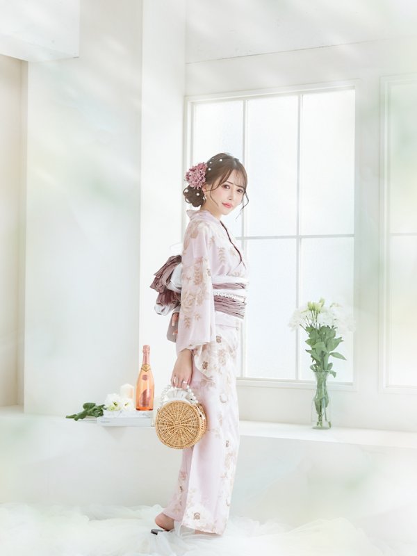 画像6: 【即日発送】ピンクベージュ×ホワイトローズ浴衣 【浴衣３点セット 浴衣/帯/下駄】[YMT] (6)