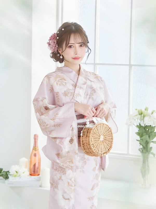 画像8: 【即日発送】ピンクベージュ×ホワイトローズ浴衣 【浴衣３点セット 浴衣/帯/下駄】[YMT] (8)