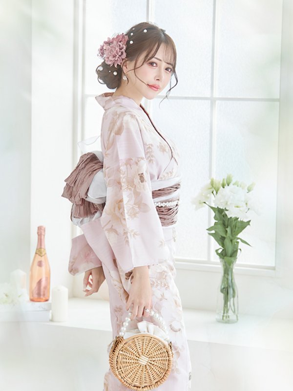 画像9: 【即日発送】ピンクベージュ×ホワイトローズ浴衣 【浴衣３点セット 浴衣/帯/下駄】[YMT] (9)