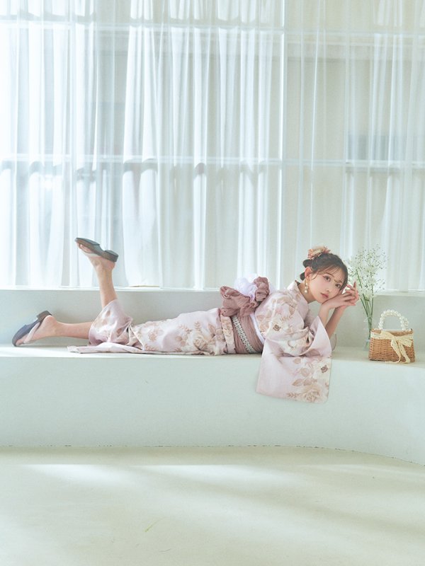 画像9: 【即日発送】ピンクベージュ×ホワイトローズ浴衣【浴衣３点セット 浴衣/帯/下駄】[YMT] (9)