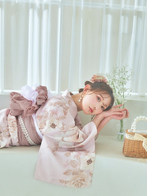 画像10: 【即日発送】ピンクベージュ×ホワイトローズ浴衣【浴衣３点セット 浴衣/帯/下駄】[YMT] (10)