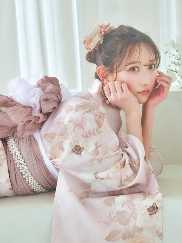 画像12: 【即日発送】ピンクベージュ×ホワイトローズ浴衣【浴衣３点セット 浴衣/帯/下駄】[YMT] (12)