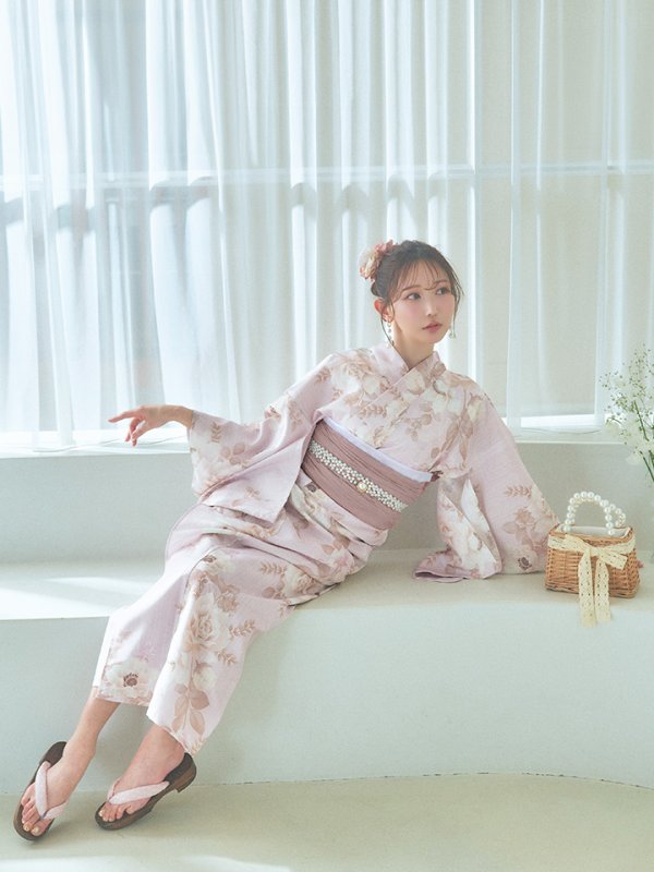 画像14: 【即日発送】ピンクベージュ×ホワイトローズ浴衣【浴衣３点セット 浴衣/帯/下駄】[YMT] (14)