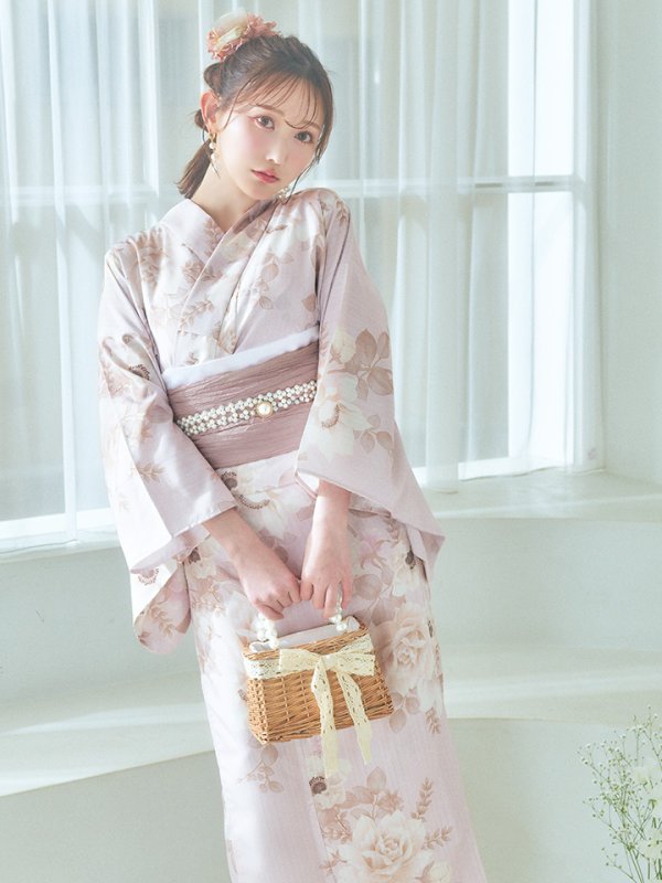 画像5: 【即日発送】ピンクベージュ×ホワイトローズ浴衣【浴衣３点セット 浴衣/帯/下駄】[YMT] (5)