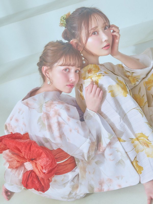 画像20: 【即日発送】白地にイエローの水彩花柄浴衣【浴衣３点セット 浴衣/帯/下駄】[YMT] (20)