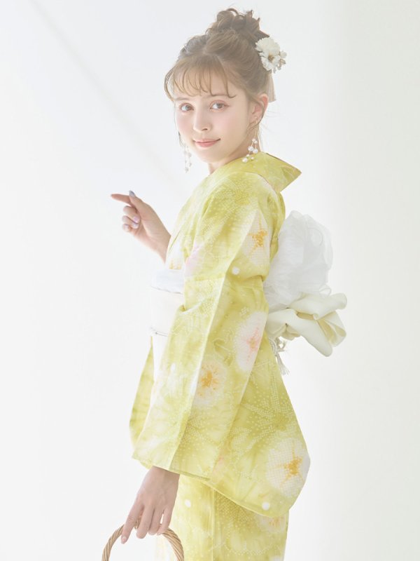 画像11: 【即日発送】イエローグリーン絞り柄浴衣【浴衣３点セット 浴衣/帯/下駄】[YMT] (11)