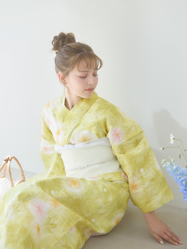 画像13: 【即日発送】イエローグリーン絞り柄浴衣【浴衣３点セット 浴衣/帯/下駄】[YMT] (13)