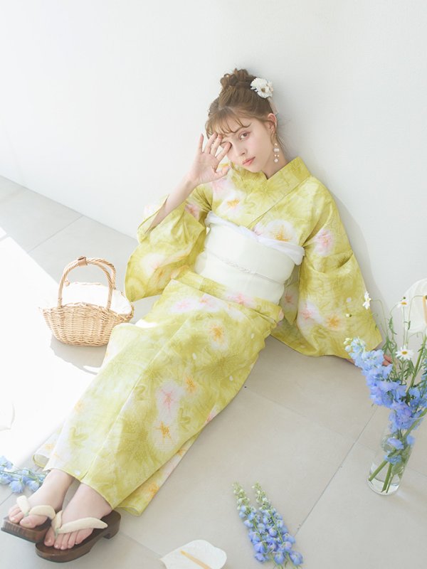 画像14: 【即日発送】イエローグリーン絞り柄浴衣【浴衣３点セット 浴衣/帯/下駄】[YMT] (14)