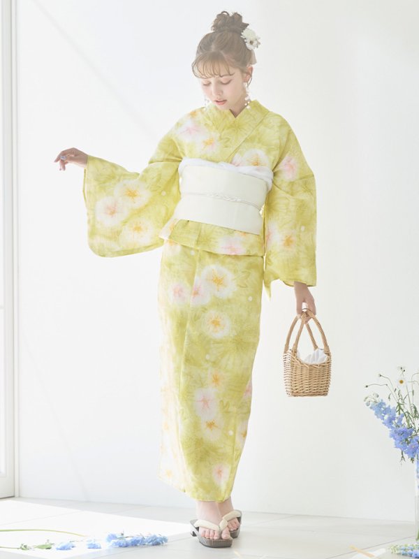 画像16: 【即日発送】イエローグリーン絞り柄浴衣【浴衣３点セット 浴衣/帯/下駄】[YMT] (16)