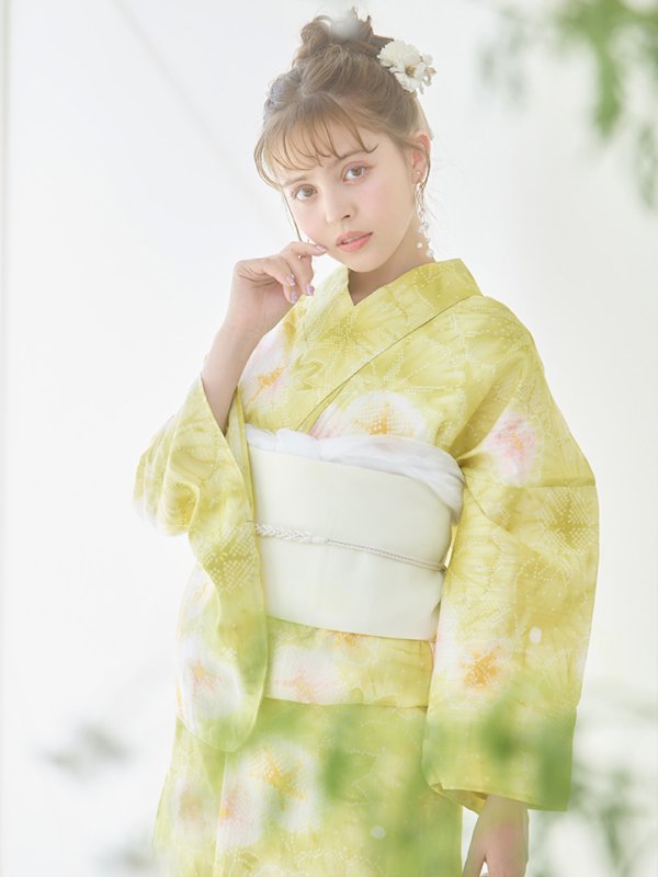 画像2: 【即日発送】イエローグリーン絞り柄浴衣【浴衣３点セット 浴衣/帯/下駄】[YMT] (2)