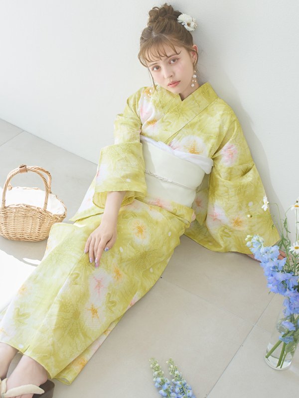 画像3: 【即日発送】イエローグリーン絞り柄浴衣【浴衣３点セット 浴衣/帯/下駄】[YMT] (3)
