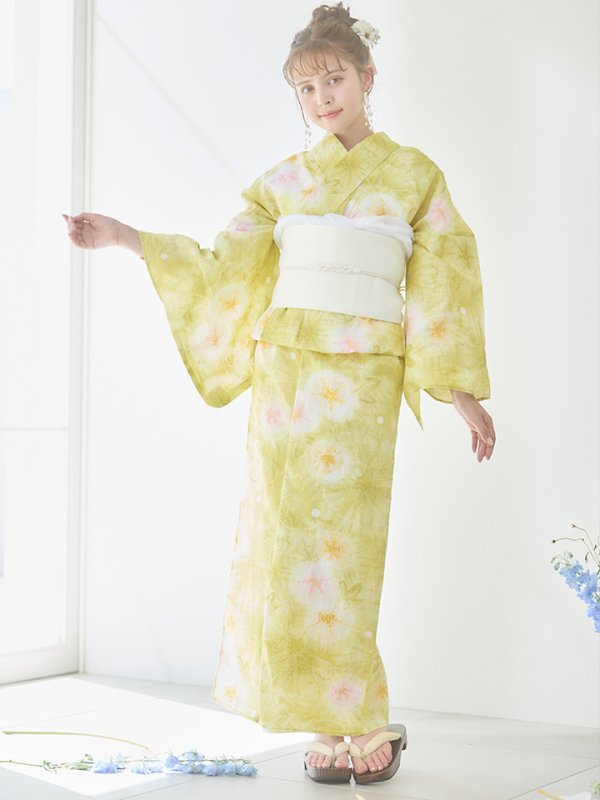 画像4: 【即日発送】イエローグリーン絞り柄浴衣【浴衣３点セット 浴衣/帯/下駄】[YMT] (4)