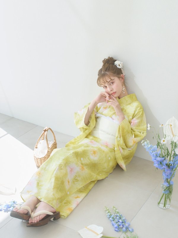 画像7: 【即日発送】イエローグリーン絞り柄浴衣【浴衣３点セット 浴衣/帯/下駄】[YMT] (7)