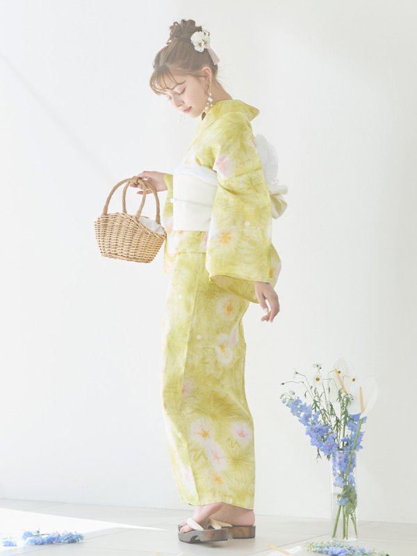 画像9: 【即日発送】イエローグリーン絞り柄浴衣【浴衣３点セット 浴衣/帯/下駄】[YMT] (9)