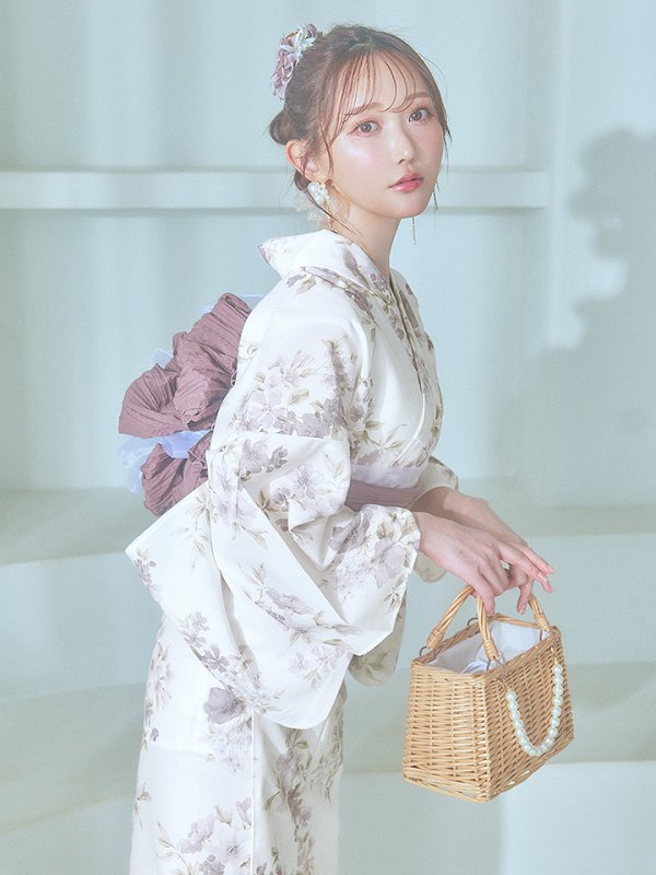 画像12: 【即日発送】くすみカラー× 水彩フラワー浴衣【浴衣３点セット 浴衣/帯/下駄】[YMT] (12)