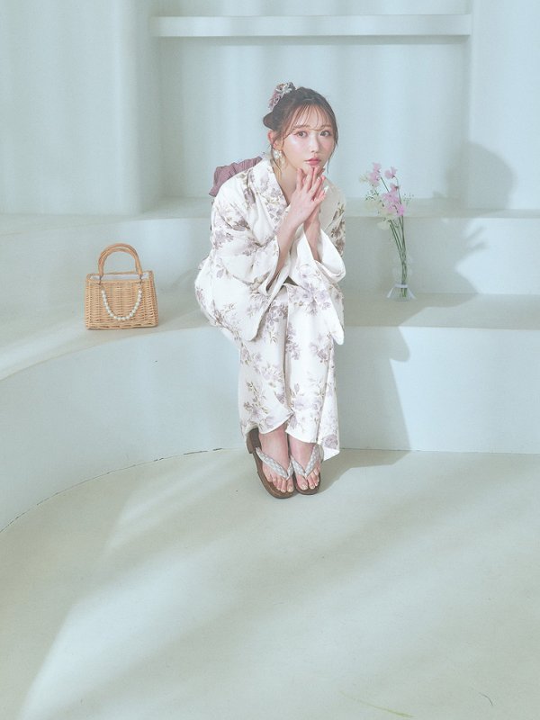 画像16: 【即日発送】くすみカラー× 水彩フラワー浴衣【浴衣３点セット 浴衣/帯/下駄】[YMT] (16)