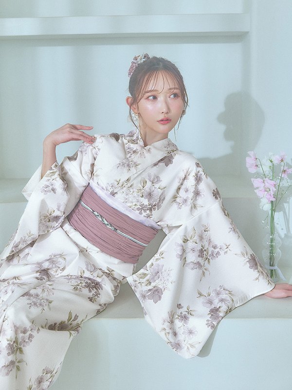 画像17: 【即日発送】くすみカラー× 水彩フラワー浴衣【浴衣３点セット 浴衣/帯/下駄】[YMT] (17)